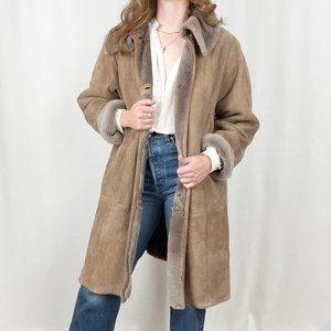 Vintage Suede Leather & Shearling Long Peacoat Jacket Trench Coat Fur Oversized